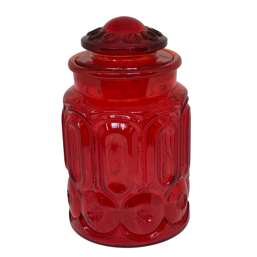 VTG LE Smith Canister Red Moon and Star Pattern Glass Kitchen Storage Jar 9.5in